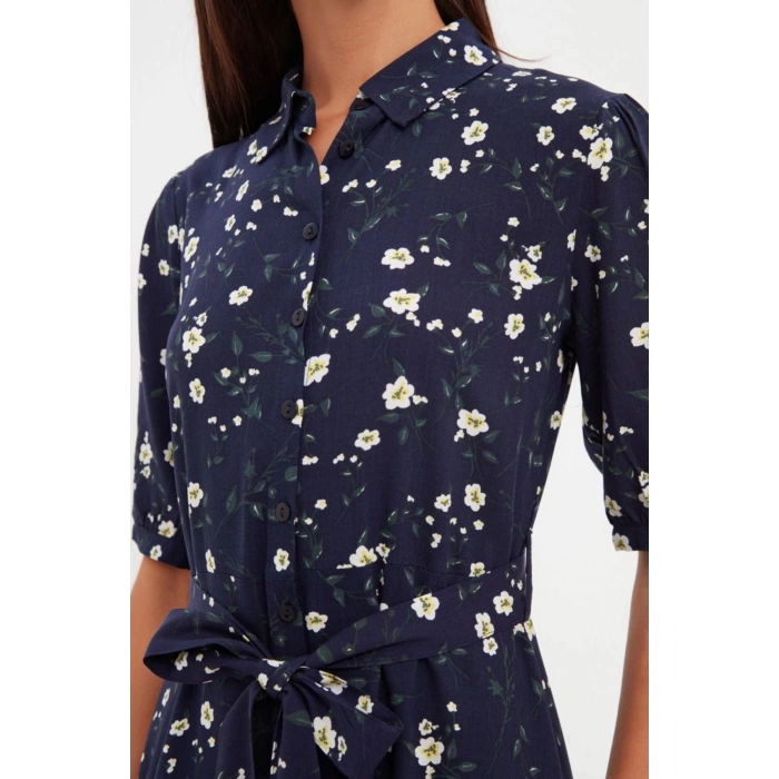 New Regular Casual Daily Shally Woven Shirt Collar Short Sleeve Shirt Dress Midi Length Dress