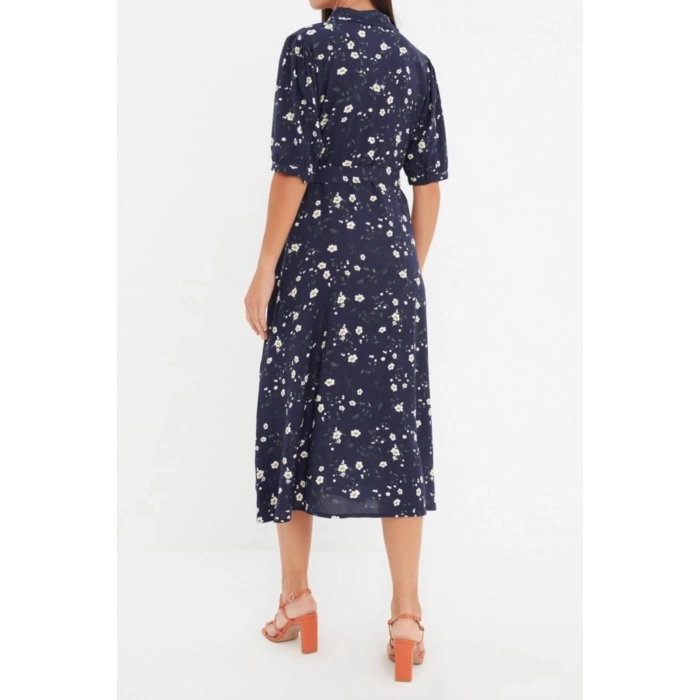 New Regular Casual Daily Shally Woven Shirt Collar Short Sleeve Shirt Dress Midi Length Dress