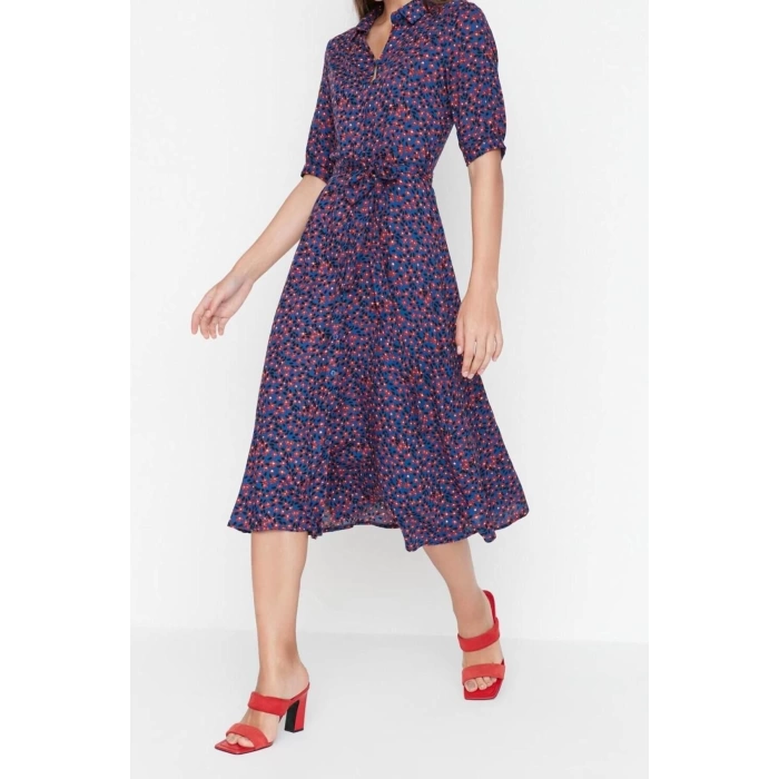New Regular Casual Daily Shally Woven Shirt Collar Short Sleeve Shirt Dress Midi Length Dress