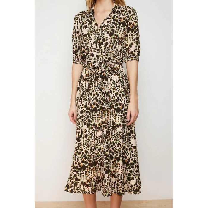 New Regular Casual Daily Shally Woven Shirt Collar Short Sleeve Shirt Dress Midi Length Dress