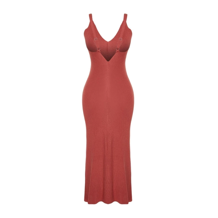 New Regular Casual Daily Single Plate Knitwear V Neck Strappy Sleeve Basic Maxi Length Dress