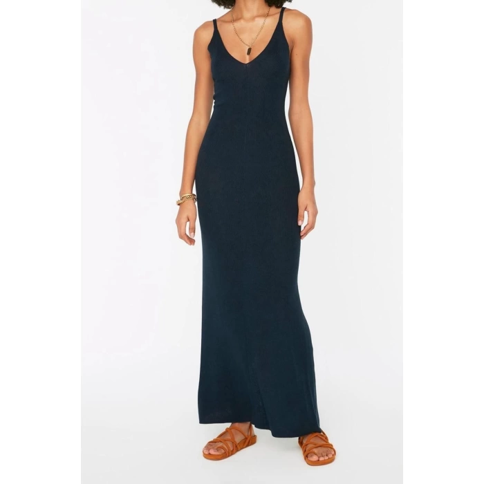 New Regular Casual Daily Single Plate Knitwear V Neck Strappy Sleeve Basic Maxi Length Dress