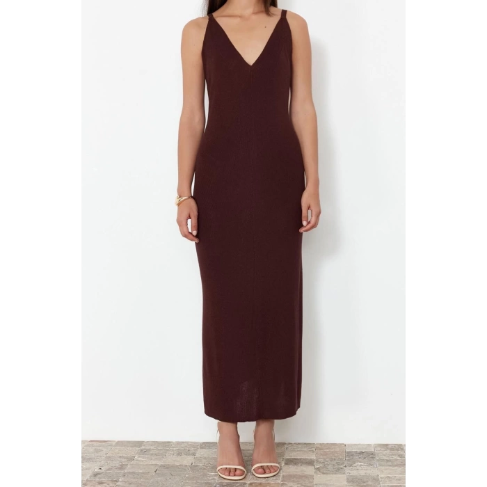 New Regular Casual Daily Single Plate Knitwear V Neck Strappy Sleeve Basic Maxi Length Dress