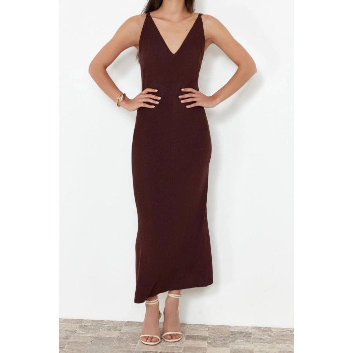 New Regular Casual Daily Single Plate Knitwear V Neck Strappy Sleeve Basic Maxi Length Dress
