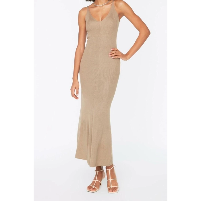 New Regular Casual Daily Single Plate Knitwear V Neck Strappy Sleeve Basic Maxi Length Dress