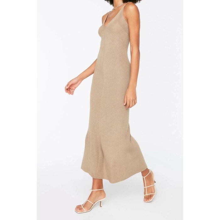 New Regular Casual Daily Single Plate Knitwear V Neck Strappy Sleeve Basic Maxi Length Dress