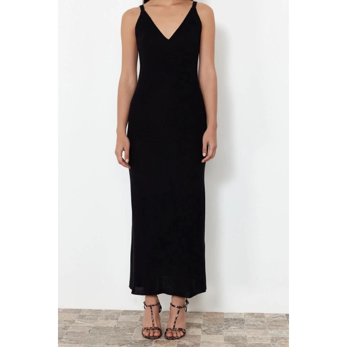 New Regular Casual Daily Single Plate Knitwear V Neck Strappy Sleeve Basic Maxi Length Dress