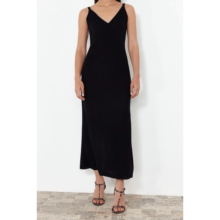 New Regular Casual Daily Single Plate Knitwear V Neck Strappy Sleeve Basic Maxi Length Dress