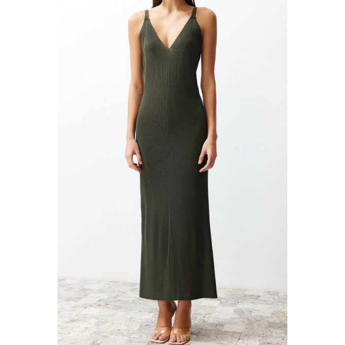 New Regular Casual Daily Single Plate Knitwear V Neck Strappy Sleeve Basic Maxi Length Dress