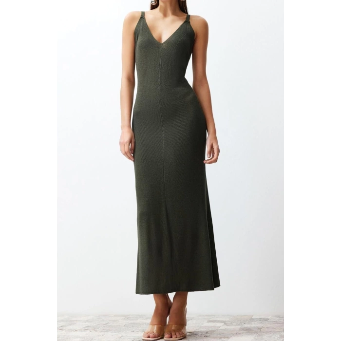 New Regular Casual Daily Single Plate Knitwear V Neck Strappy Sleeve Basic Maxi Length Dress