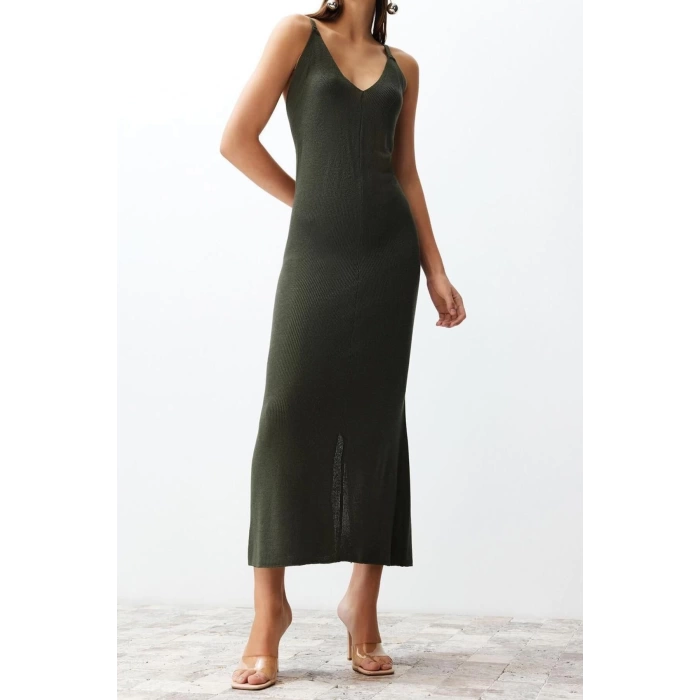New Regular Casual Daily Single Plate Knitwear V Neck Strappy Sleeve Basic Maxi Length Dress