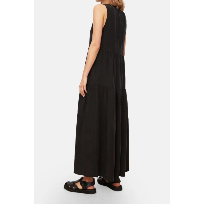 Yeni Regular Casual Günlük Shally Dokuma Bisiklet Yaka Kolsuz Kol Shift Maxi Boy Elbise