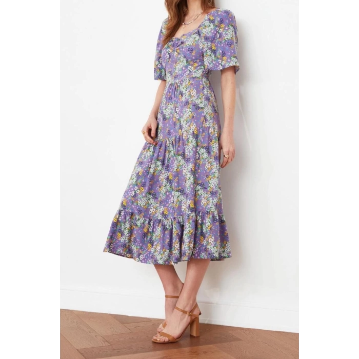 New Regular Casual Daily Shally Woven Sweetheart Neck Short Sleeve A-Line Midi Length Dress