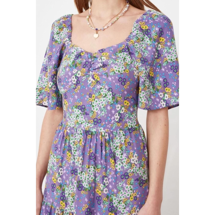 New Regular Casual Daily Shally Woven Sweetheart Neck Short Sleeve A-Line Midi Length Dress