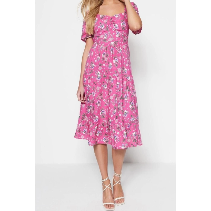 New Regular Casual Daily Shally Woven Sweetheart Neck Short Sleeve A-Line Midi Length Dress