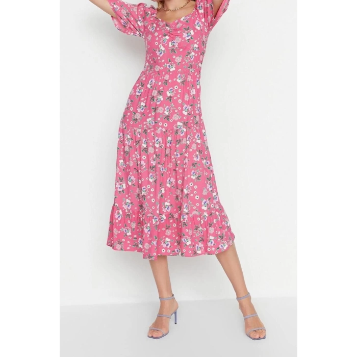 New Regular Casual Daily Shally Woven Sweetheart Neck Short Sleeve A-Line Midi Length Dress