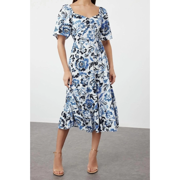 New Regular Casual Daily Shally Woven Sweetheart Neck Short Sleeve A-Line Midi Length Dress