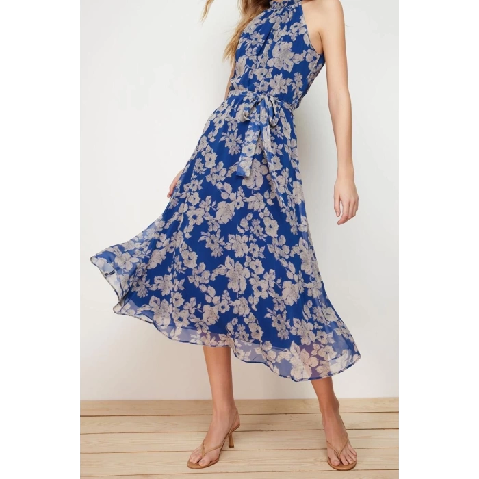 Yeni Regular Casual Günlük Şifon Dokuma Halter Yaka Kolsuz Kol A-Line Midi Boy Elbise