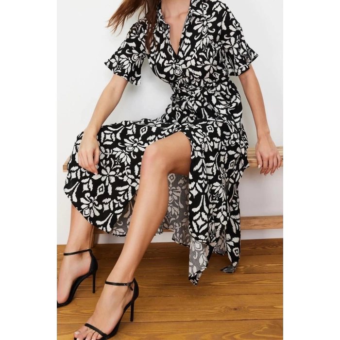 New Regular Casual Daily Shally Woven Shirt Collar Short Sleeve Shirt Dress Midi Length Dress