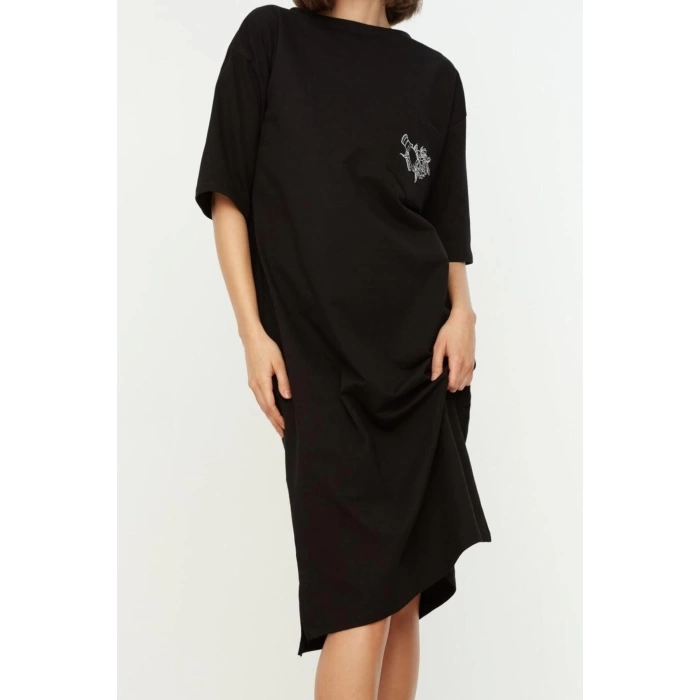 New Comfortable Casual Daily 2 Yarn Non-raised Knitted Crew Neck Three Quarter Sleeve Shift Midi Length Dress