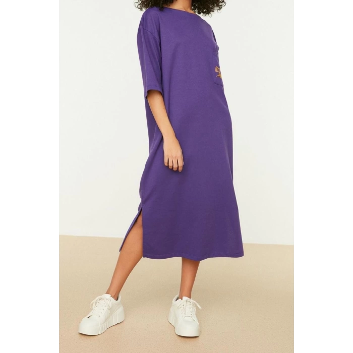 New Comfortable Casual Daily 2 Yarn Non-raised Knitted Crew Neck Three Quarter Sleeve Shift Midi Length Dress