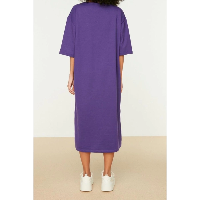 New Comfortable Casual Daily 2 Yarn Non-raised Knitted Crew Neck Three Quarter Sleeve Shift Midi Length Dress
