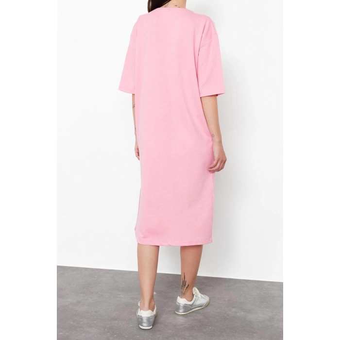 New Comfortable Casual Daily 2 Yarn Non-raised Knitted Crew Neck Three Quarter Sleeve Shift Midi Length Dress
