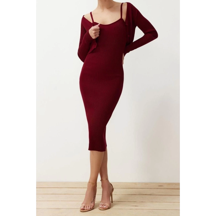 Yeni Slim Casual Günlük Fitilli Triko V Yaka Uzun Kol Bodycone Midi Boy Elbise
