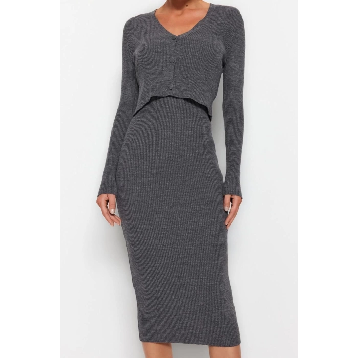 Yeni Slim Casual Günlük Fitilli Triko V Yaka Uzun Kol Bodycone Midi Boy Elbise