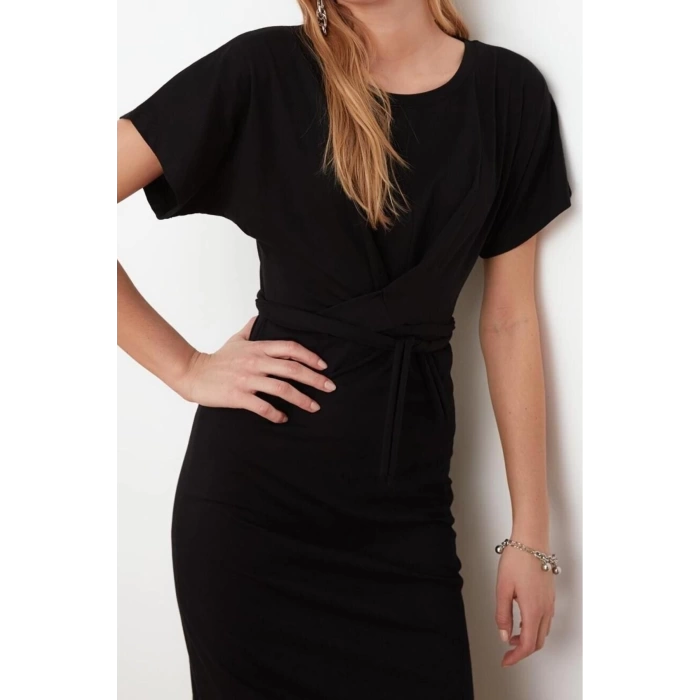 Yeni Slim Casual Günlük Süprem Örme Bisiklet Yaka Kısa Kol Bodycone Midi Boy Elbise