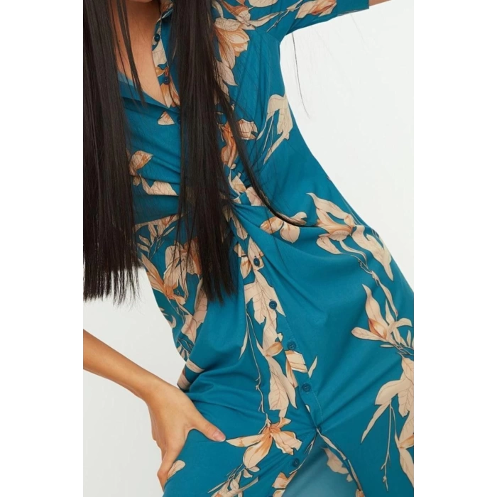 Yeni Regular Gündüz Gece Saten Dokuma Gömlek Yaka Kısa Kol Gömlek Elbise Maxi Boy Elbise