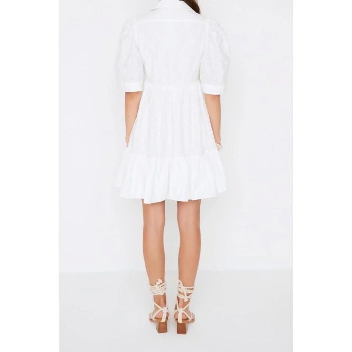 New Regular Casual Daily Embroidered Woven Shirt Collar Short Sleeve Skater Mini Length Dress