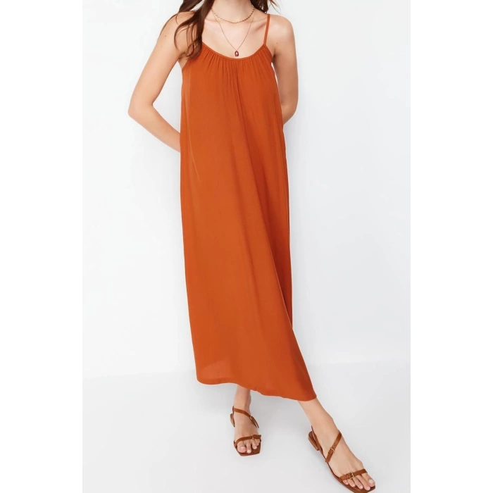 New Regular Casual Daily Shally Woven U Neck Strappy Sleeve Shift Maxi Length Dress