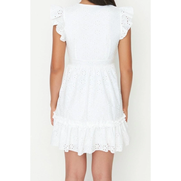 New Regular Casual Daily Brode Woven V Neck Short Sleeve Skater Mini Length Dress