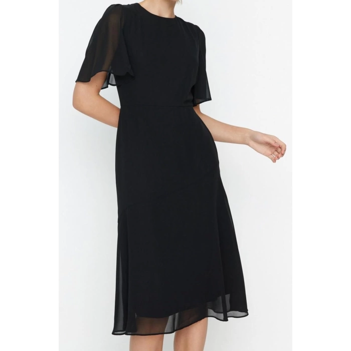 New Regular Day Night Chiffon Woven Crew Neck Short Sleeve A-Line Midi Length Dress