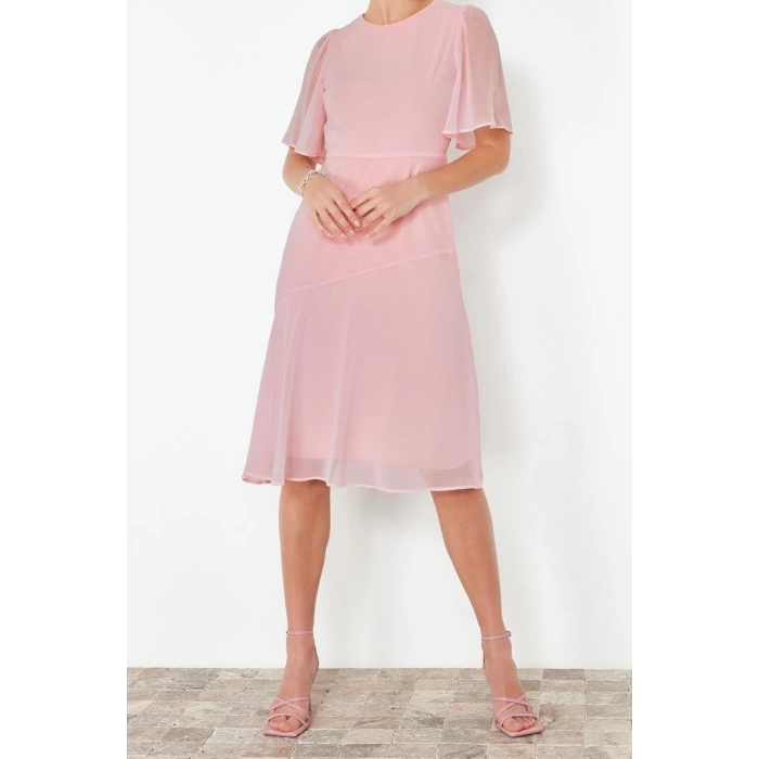 New Regular Day Night Chiffon Woven Crew Neck Short Sleeve A-Line Midi Length Dress