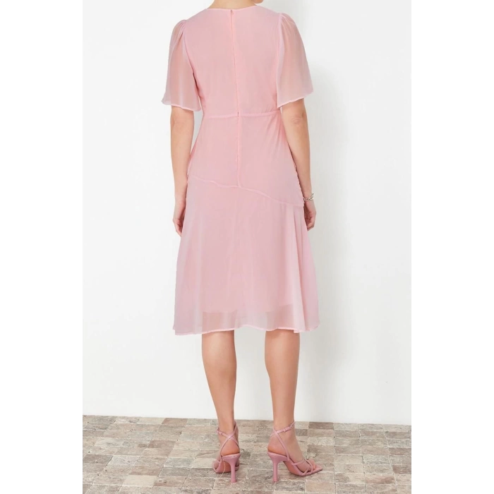 New Regular Day Night Chiffon Woven Crew Neck Short Sleeve A-Line Midi Length Dress