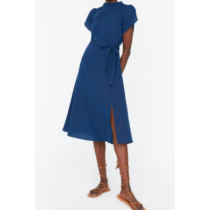New Regular Business Poplin Woven Stand Collar Short Sleeve A-Line Midi Length Dress