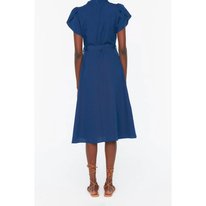New Regular Business Poplin Woven Stand Collar Short Sleeve A-Line Midi Length Dress