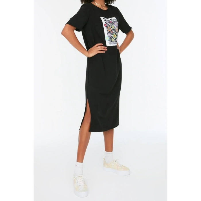 New Comfortable Casual Daily Aerobin Woven Crew Neck Short Sleeve Shift Midi Length Dress