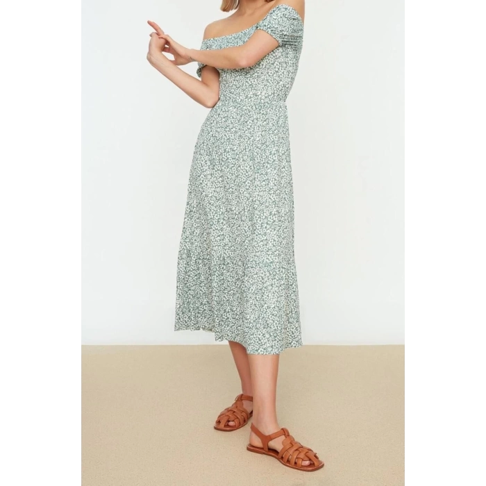 New Regular Casual Daily Polyester Camisole Knitted Carmen Collar Short Sleeve Skater Midi Length Dress
