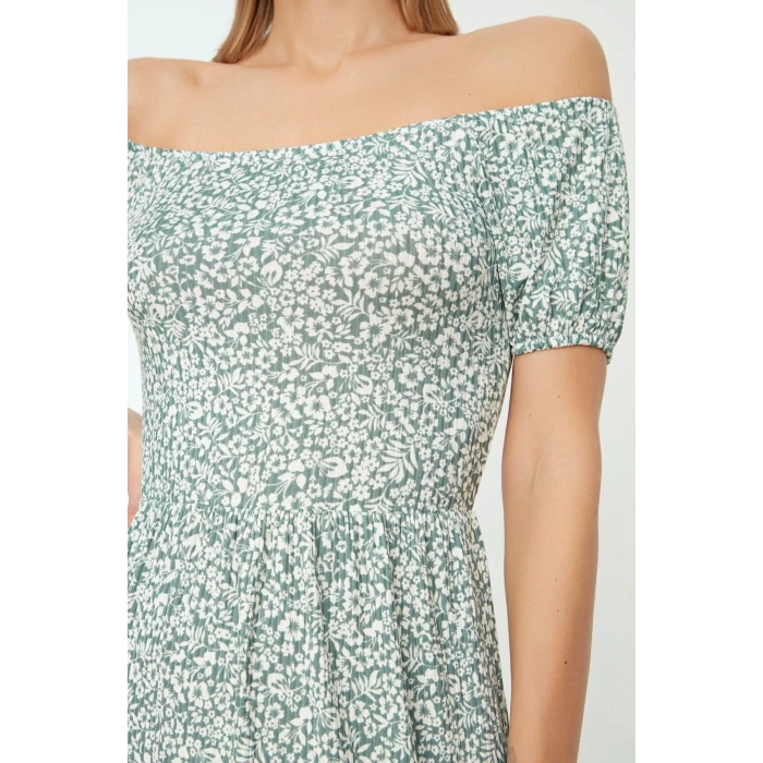New Regular Casual Daily Polyester Camisole Knitted Carmen Collar Short Sleeve Skater Midi Length Dress