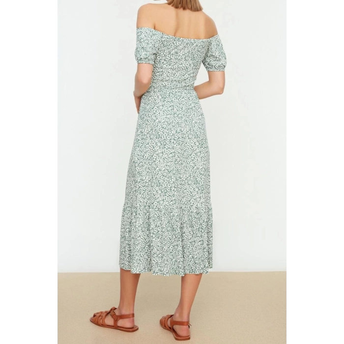 New Regular Casual Daily Polyester Camisole Knitted Carmen Collar Short Sleeve Skater Midi Length Dress