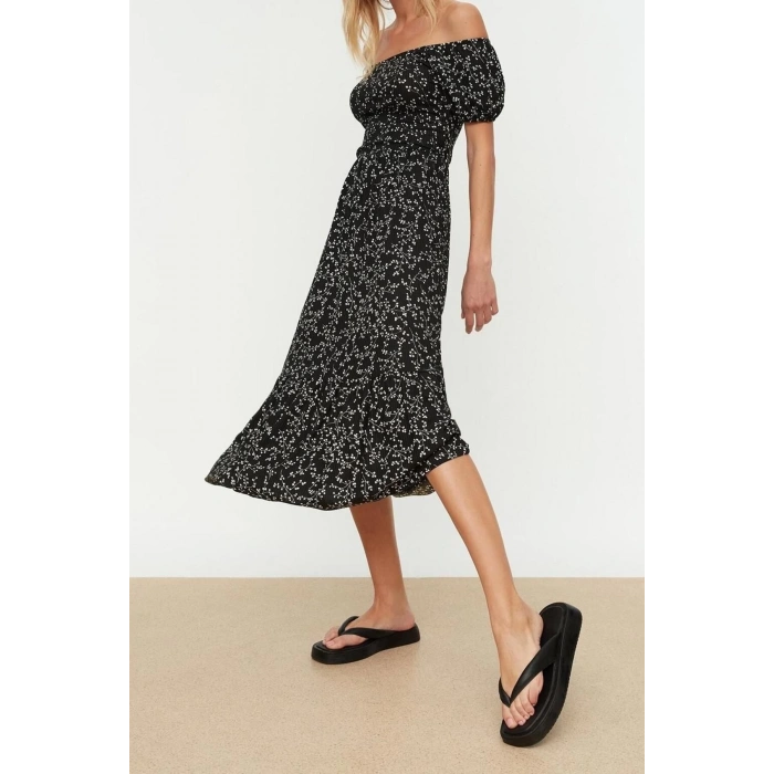 New Regular Casual Daily Polyester Camisole Knitted Carmen Collar Short Sleeve Skater Midi Length Dress