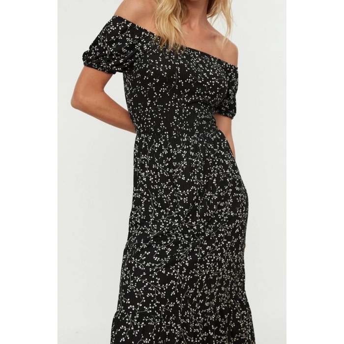 New Regular Casual Daily Polyester Camisole Knitted Carmen Collar Short Sleeve Skater Midi Length Dress