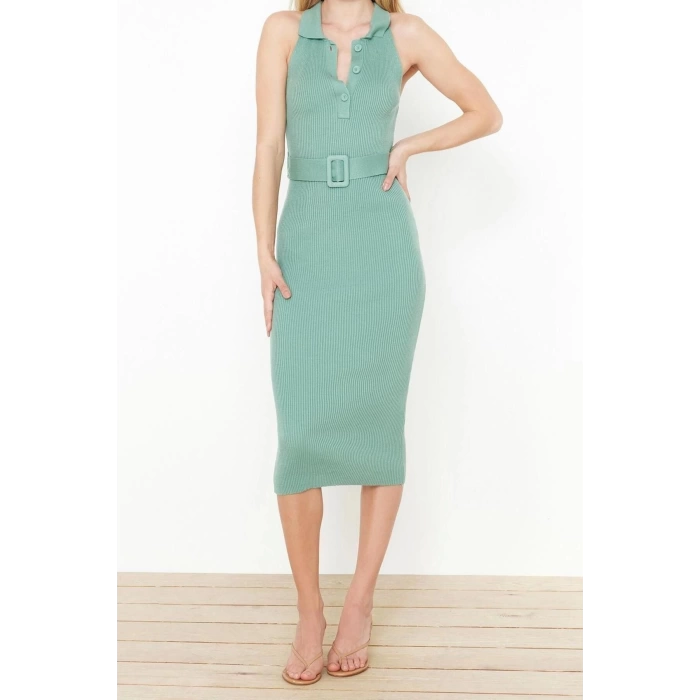 New Slim Casual Daily Double Plate Knitwear Polo Collar Sleeveless Sleeve Bodycone Midi Length Dress