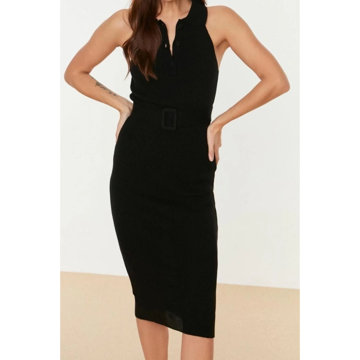 New Slim Casual Daily Double Plate Knitwear Polo Collar Sleeveless Sleeve Bodycone Midi Length Dress