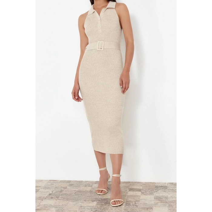New Slim Casual Daily Double Plate Knitwear Polo Collar Sleeveless Sleeve Bodycone Midi Length Dress