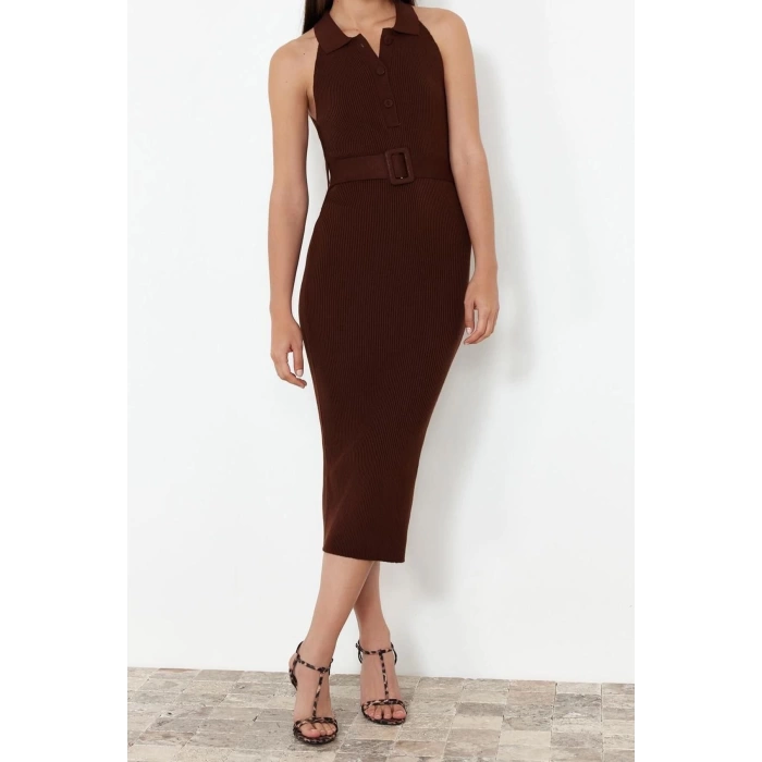 New Slim Casual Daily Double Plate Knitwear Polo Collar Sleeveless Sleeve Bodycone Midi Length Dress