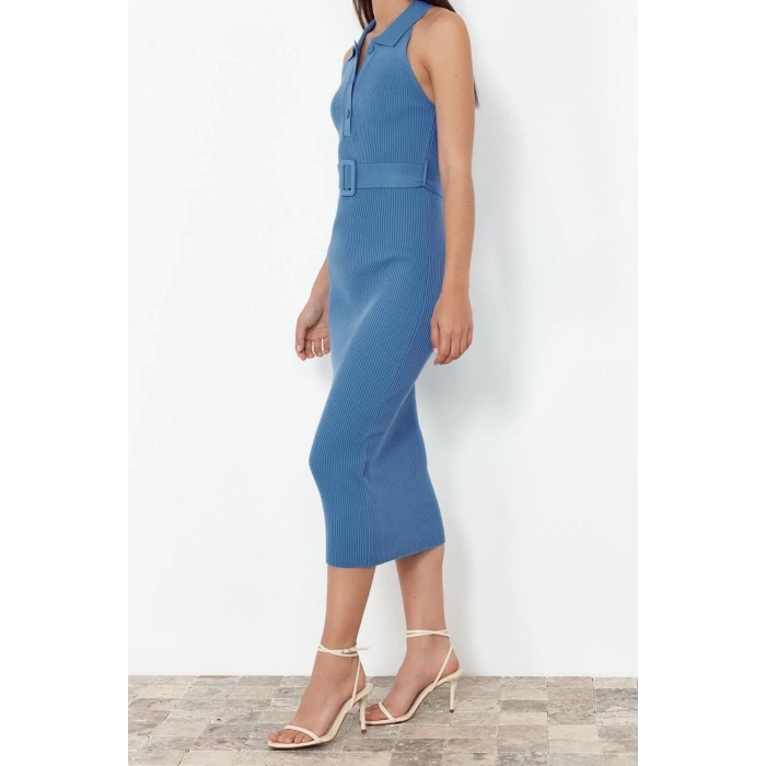 New Slim Casual Daily Double Plate Knitwear Polo Collar Sleeveless Sleeve Bodycone Midi Length Dress